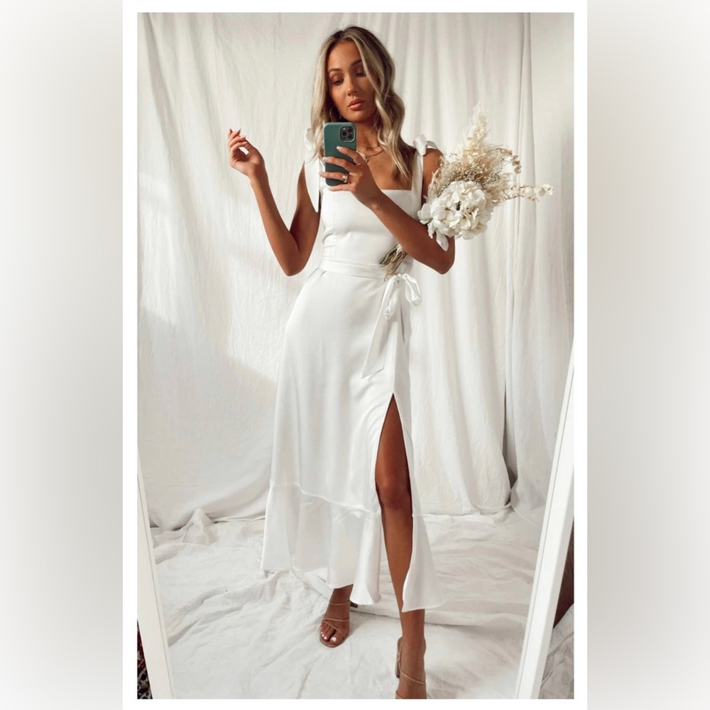 Show Me Your Mumu Garden Midi Dress in Ivory Luxe Satin Small